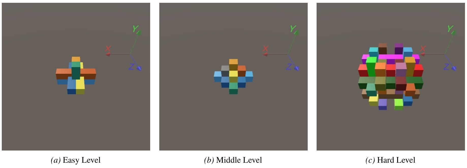 Puzzle task examples across Easy, Medium, and Hard difficulty levels, showing Kongming locks, Lu Ban locks, and burr puzzles.
